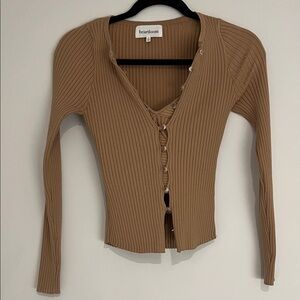 Heartloom Ribbed Button-Up Cardigan in Tan
